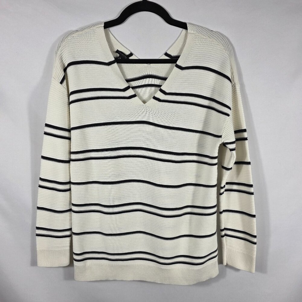 Talbots Sweater Women's Size Medium Ivory & Black Stripes V-Neck Cotton Blend